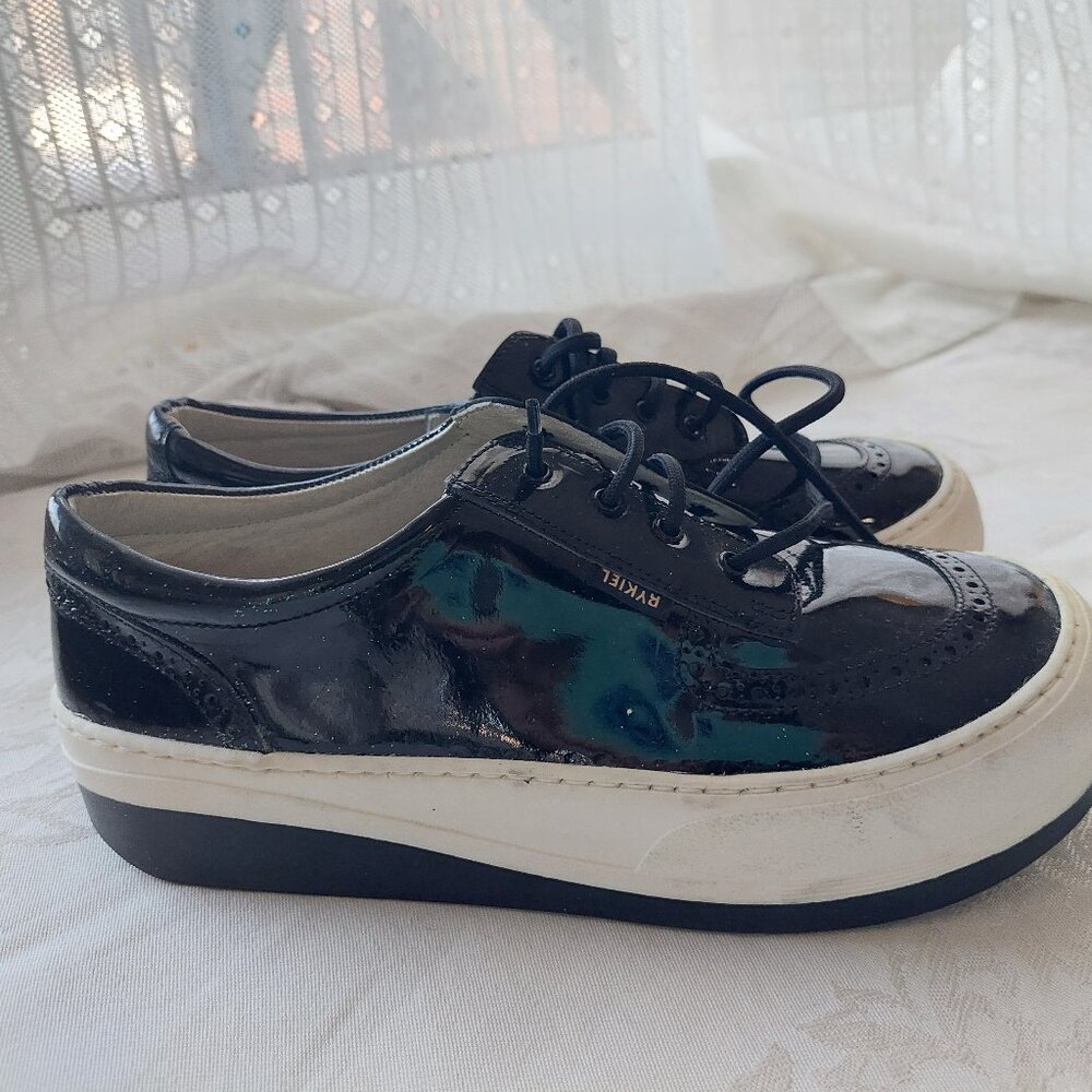 Sonia Rykiel Paris Black Patent Leather brogue sneakers white soles Women's 9